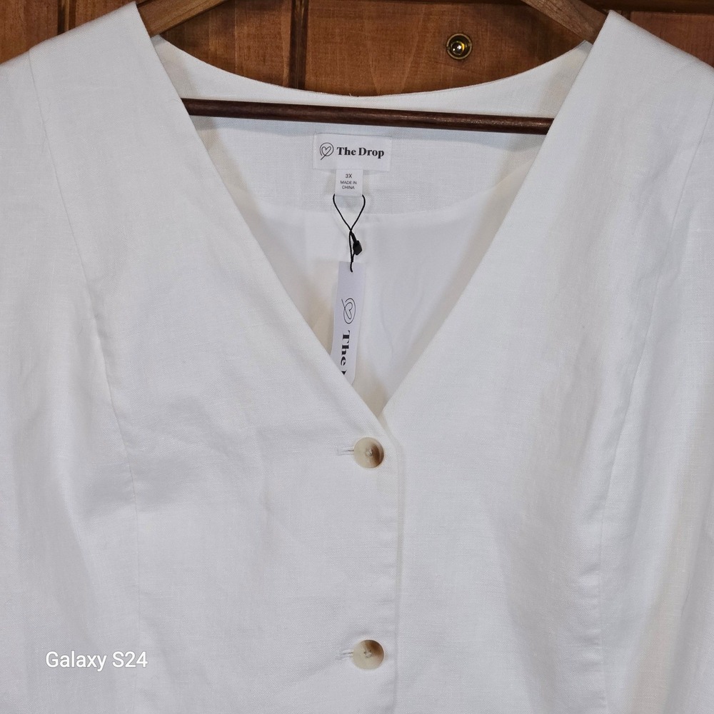 The Drop White Sleeveless V Neck‎ Button Front Linen Blend Top Plus Size 3X